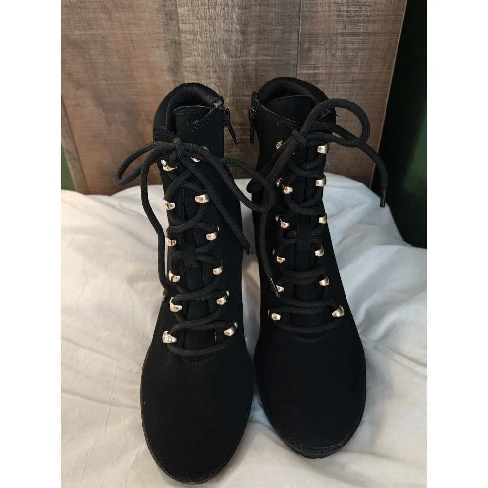 Goth Steampunk Black Faux Suede Y2K Chunky Platform Heels Boots Gold Accents 9.5
